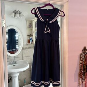 Navy Blue Kids Dress with White Accents